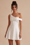 One Shoulder A Line Simple Satin Little White Dress