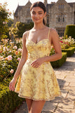 Corset Sequins A Line Yellow Spaghetti Straps Homecoming Dress