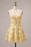 Corset Sequins A Line Yellow Spaghetti Straps Homecoming Dress
