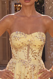 Strapless Corset A Line Yellow Sequins Homecoming Dress