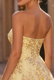 Strapless Corset A Line Yellow Sequins Homecoming Dress