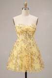 Strapless Corset A Line Yellow Sequins Homecoming Dress