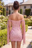 Sparkly Off The Shoulder Corset Bodycon Champagne Homecoming Dress