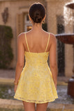 Yellow Floral A Line Spaghetti Straps Homecoming Dress With Beading