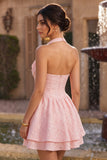 Halter Corset Floral Pink A Line Homecoming Dress