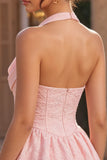 Halter Corset Floral Pink A Line Homecoming Dress