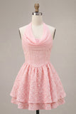 Halter Corset Floral Pink A Line Homecoming Dress