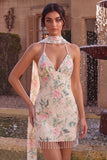 Pink Floral Spaghetti Straps Bodycon Homecoming Dress With Fringes