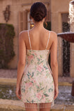Pink Floral Spaghetti Straps Bodycon Homecoming Dress With Fringes