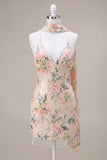 Pink Floral Spaghetti Straps Bodycon Homecoming Dress With Fringes