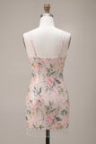 Pink Floral Spaghetti Straps Bodycon Homecoming Dress With Fringes