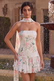 Strapless Pink Floral A Line Homecoming Dress With Scarf