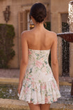 Strapless Pink Floral A Line Homecoming Dress With Scarf
