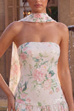 Strapless Pink Floral A Line Homecoming Dress With Scarf
