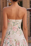 Strapless Pink Floral A Line Homecoming Dress With Scarf
