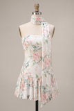 Strapless Pink Floral A Line Homecoming Dress With Scarf
