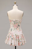 Strapless Pink Floral A Line Homecoming Dress With Scarf