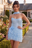 Strapless Corset Sparkly A Line Sky Blue Homecoming Dress