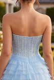 Strapless Corset Sparkly A Line Sky Blue Homecoming Dress
