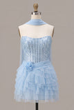 Strapless Corset Sparkly A Line Sky Blue Homecoming Dress