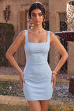 Square Neck Beaded Bodycon Sky Blue Homecoming Dress