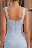 Square Neck Beaded Bodycon Sky Blue Homecoming Dress