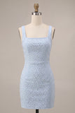 Square Neck Beaded Bodycon Sky Blue Homecoming Dress