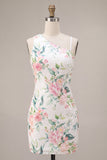 Pink Floral Asymmetrical Neck Sequins Bodycon Homecoming Dress