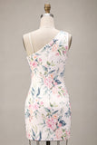 Pink Floral Asymmetrical Neck Sequins Bodycon Homecoming Dress
