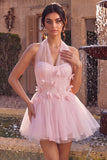 Halter A Line Pink Corset Homecoming Dress With 3D Flowers