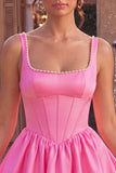 Square Neck Corset A Line Pink Homecoming Dress With Pearls