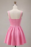 Square Neck Corset A Line Pink Homecoming Dress With Pearls