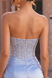 Strapless Corset Sky Blue Bodycon Homecoming Dress With Pearls