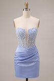 Strapless Corset Sky Blue Bodycon Homecoming Dress With Pearls