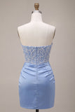 Strapless Corset Sky Blue Bodycon Homecoming Dress With Pearls