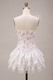 Pink Floral Strapless Corset A Line Homecoming Dress