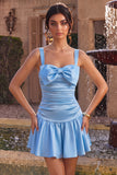 Square Neck A Line Ruched Sky Blue Homecoming Dress