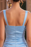 Square Neck A Line Ruched Sky Blue Homecoming Dress