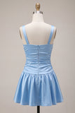 Square Neck A Line Ruched Sky Blue Homecoming Dress