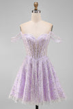 Corset Off The Shoulder A Line Purple Sequins Homecoming Dress