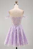 Corset Off The Shoulder A Line Purple Sequins Homecoming Dress
