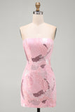 Strapless Beaded Pink Sequins Bodycon Homecoming Dress