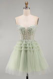Green Strapless Corset A Line Sparkly Homecoming Dress