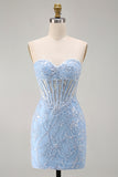 Strapless Corset Bodycon Blue Sparkly Homecoming Dress