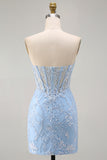 Strapless Corset Bodycon Blue Sparkly Homecoming Dress