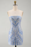Sparkly Strapless Blue Bodycon Homecoming Dress