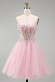 Corset Spaghetti Straps A Line Pink Sequins Homecoming Dress