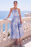 Strapless Blue A Line Brocade Midi Wedding Guest Dress