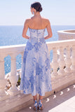 Strapless Blue A Line Brocade Midi Wedding Guest Dress