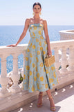 Strapless Blue A Line Brocade Midi Wedding Guest Dress